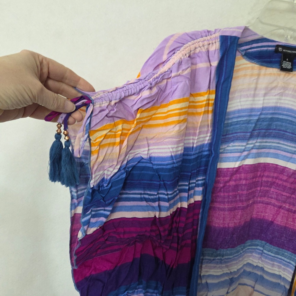 New Directions Women's Size L Striped Kimono Cardigan Blue Purple Orange Tassels - Picture 8 of 8